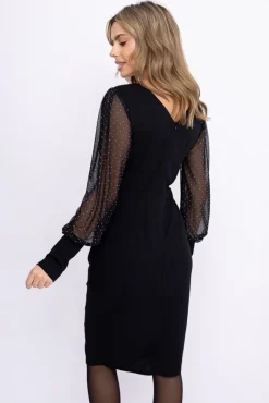Włoski Czarna Sukienka z prześwitującymi rękawami SEMINA Wzór 2