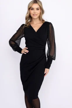 Włoski Czarna Sukienka z prześwitującymi rękawami SEMINA Wzór 2