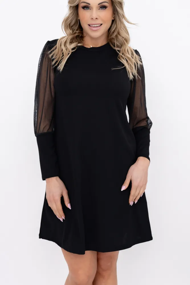 Włoski Czarna Sukienka z prześwitującymi rękawami AMBROZI Wzór 2