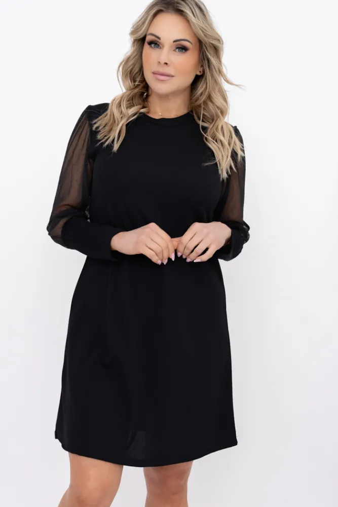 Włoski Czarna Sukienka z prześwitującymi rękawami AMBROZI Wzór 2