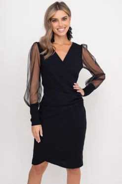 Włoski Czarna Sukienka z prześwitującymi rękawami CELLIN