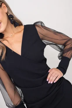 Włoski Czarna Sukienka z prześwitującymi rękawami CELLIN