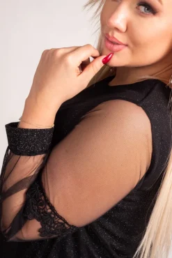 Włoski Czarna Sukienka z prześwitującymi rękawami BEVERI