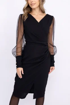 Włoski Czarna Sukienka z prześwitującymi rękawami KENVIRIO