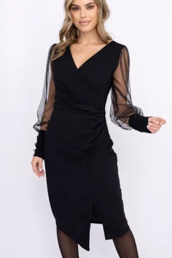 Włoski Czarna Sukienka z prześwitującymi rękawami KENVIRIO