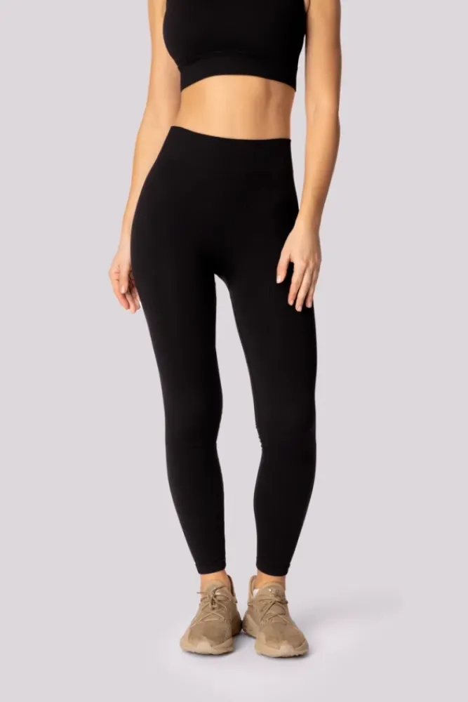 Polski Czarne Legginsy prążkowane RIBBED