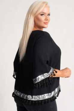 Damskie Polski Czarno-srebrna Bluzka z frędzelkami GARMINA