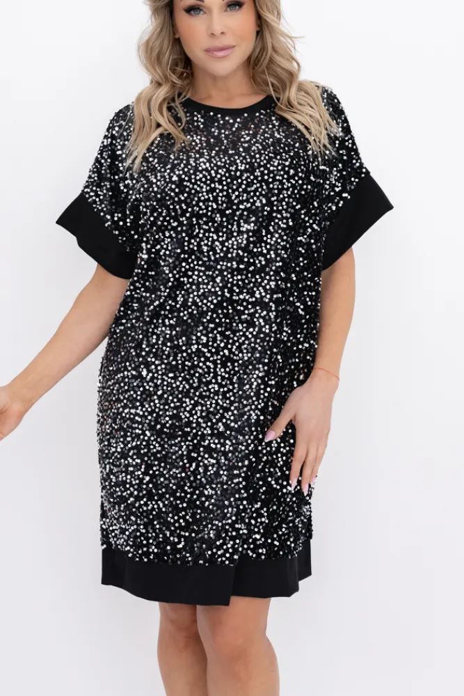 Włoski Czarno-srebrna Sukienka z cekinami SIMENO
