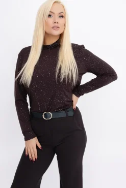 Damskie Włoski Czekoladowa Bluzka błyszcząca z półgolfem LOKI