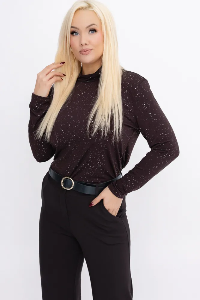 Damskie Włoski Czekoladowa Bluzka błyszcząca z półgolfem LOKI