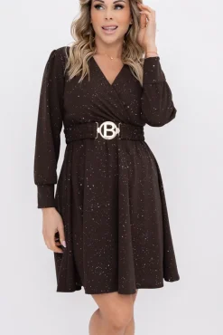 Włoski Czekoladowa błyszcząca Sukienka z paskiem SARMANIA
