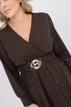 Włoski Czekoladowa błyszcząca Sukienka z paskiem SARMANIA