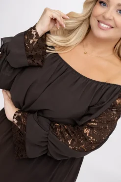Włoski Czekoladowa Sukienka szyfonowa z koronkowymi rękawami LEMINERO
