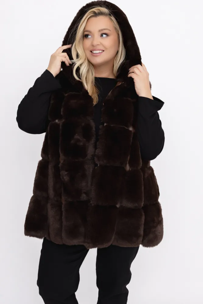 Damskie Włoski Czekoladowy Kożuszek z kapturem FIRIO