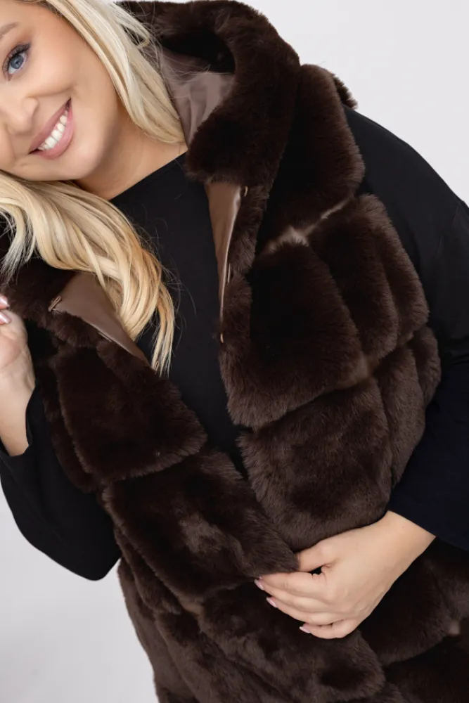 Damskie Włoski Czekoladowy Kożuszek z kapturem FIRIO