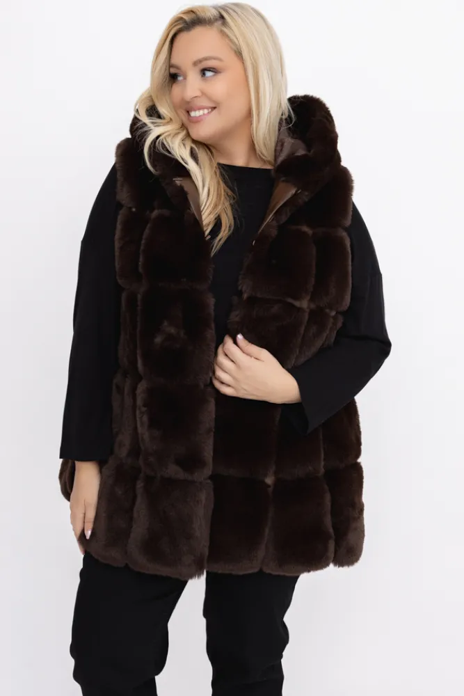 Damskie Włoski Czekoladowy Kożuszek z kapturem FIRIO