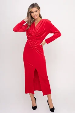 Włoski Czerwona Sukienka welurowa KASIOPI