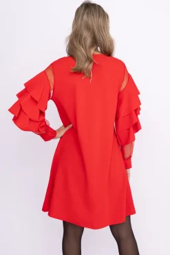 Włoski Czerwona Sukienka z falbanami DARIEN