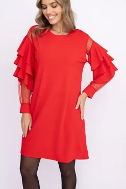 Włoski Czerwona Sukienka z falbanami DARIEN
