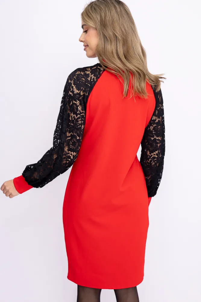 Włoski Czerwona Sukienka z koronkowymi rękawami LESTER