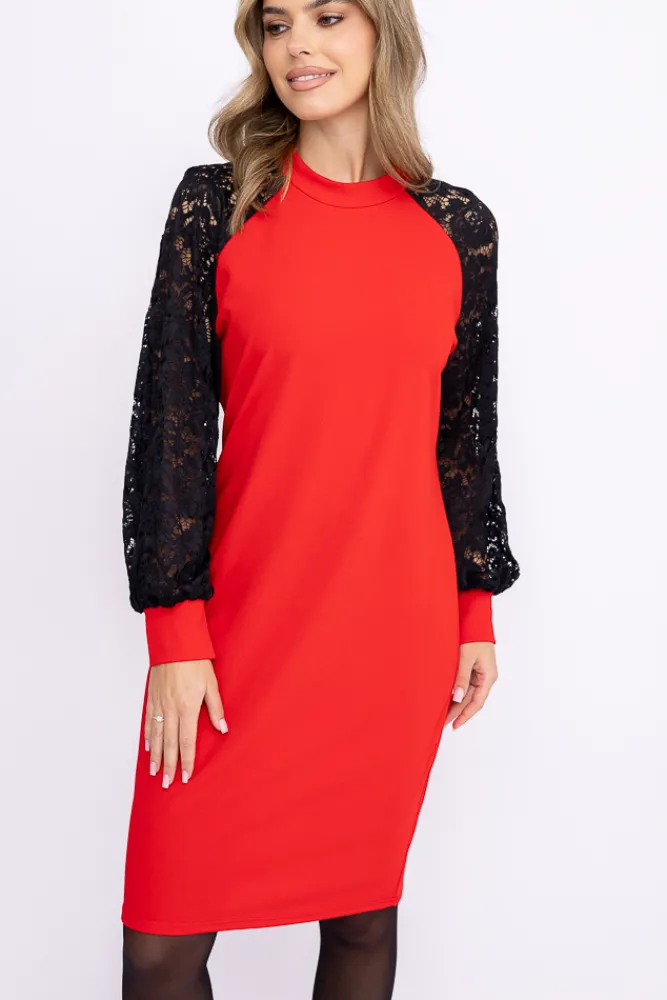Włoski Czerwona Sukienka z koronkowymi rękawami LESTER