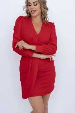 Włoski Czerwona Sukienka z marszczeniem VISTERO