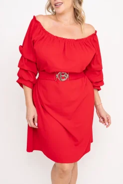 Włoski Czerwona Sukienka z paskiem VOUGI