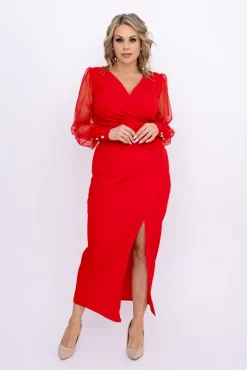 Włoski Czerwona Sukienka z prześwitującymi rękawami MERVIEN