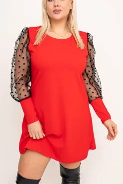 Włoski Czerwona Sukienka z prześwitującymi rękawami MARISEL