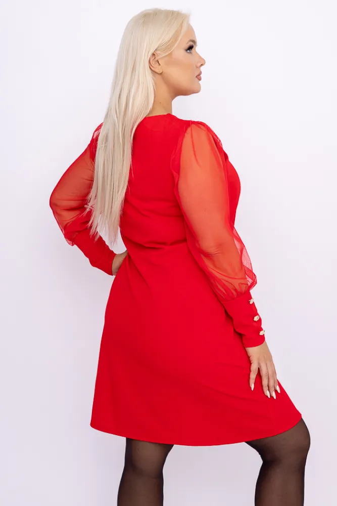 Włoski Czerwona Sukienka z prześwitującymi rękawami KAMENY