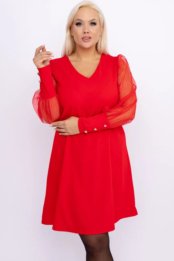 Włoski Czerwona Sukienka z prześwitującymi rękawami KAMENY
