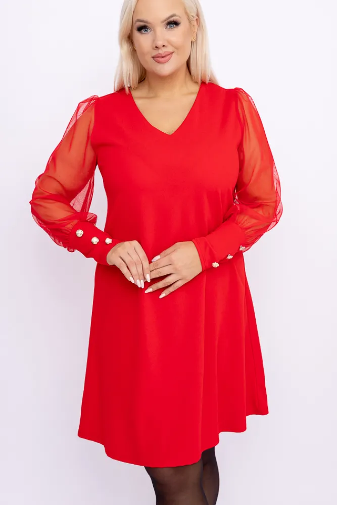 Włoski Czerwona Sukienka z prześwitującymi rękawami KAMENY