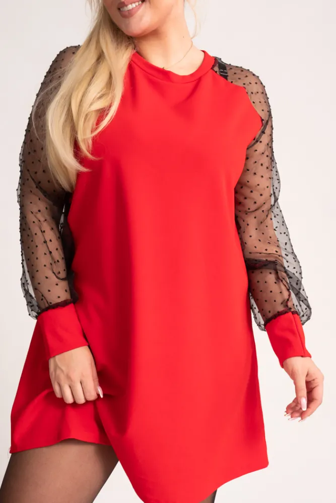 Włoski Czerwona Sukienka z przezroczystymi rękawami BONDI
