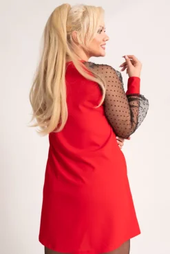 Włoski Czerwona Sukienka z przezroczystymi rękawami BONDI