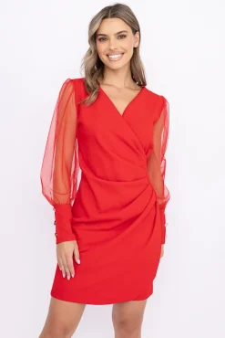 Włoski Czerwona Sukienka z przezroczystymi rękawami GERGIO