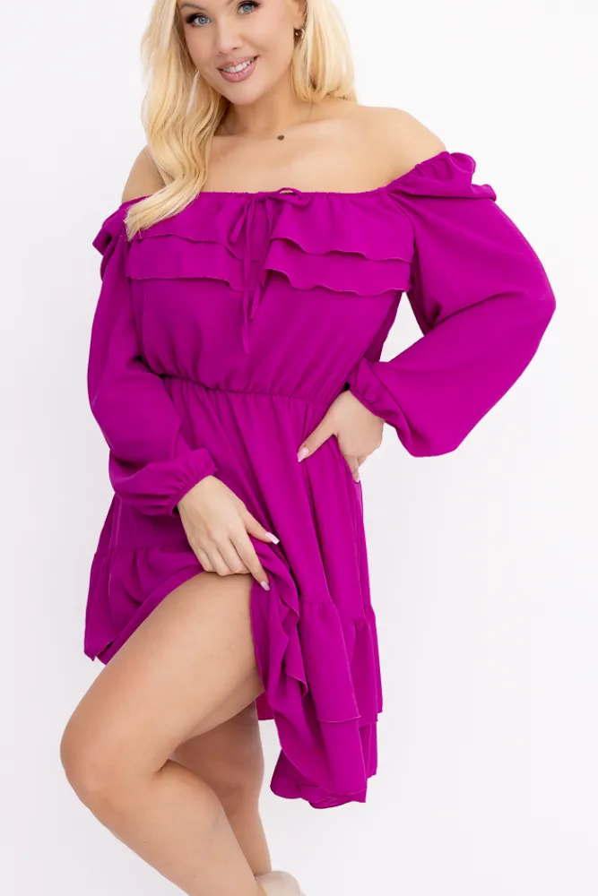 Włoski Fioletowa Sukienka z falbanami KARIENTO