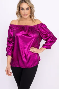 Damskie Włoski Fuksjowa błyszcząca Bluzka z marszczonymi rękawami PERINO