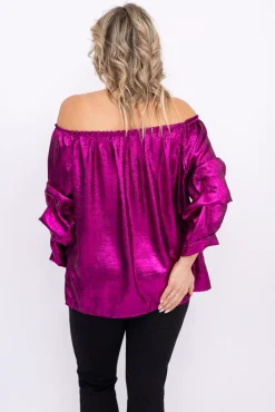 Damskie Włoski Fuksjowa błyszcząca Bluzka z marszczonymi rękawami PERINO