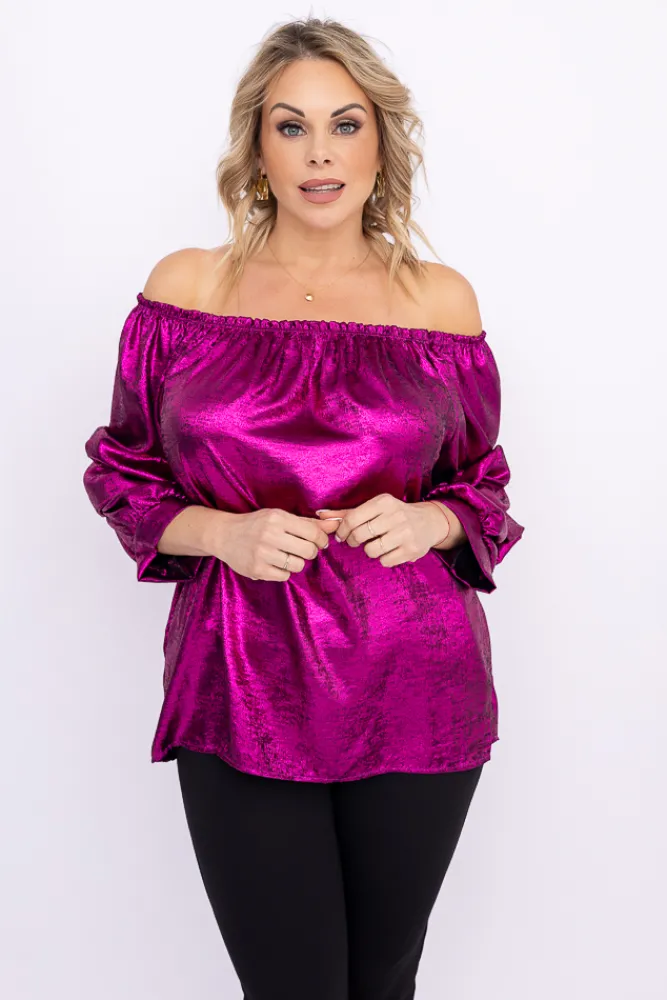 Damskie Włoski Fuksjowa błyszcząca Bluzka z marszczonymi rękawami PERINO