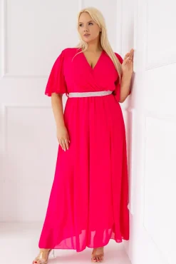 Włoski Fuksjowa Sukienka szyfonowa z paskiem EGELI