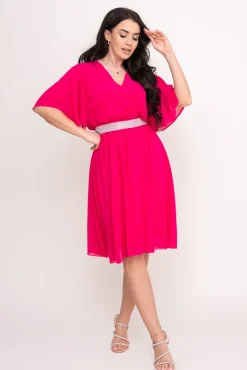 Włoski Fuksjowa Sukienka szyfonowa z paskiem SEMELIA