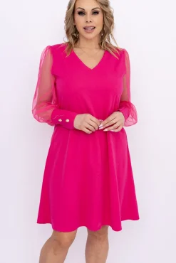 Włoski Fuksjowa Sukienka z prześwitującymi rękawami KAMENY