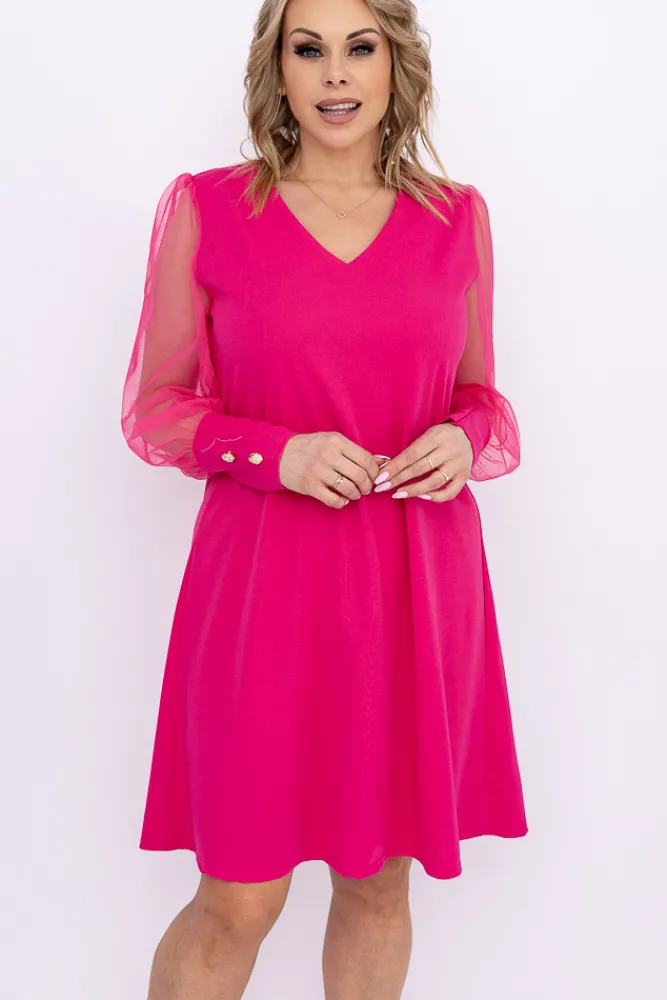 Włoski Fuksjowa Sukienka z prześwitującymi rękawami KAMENY