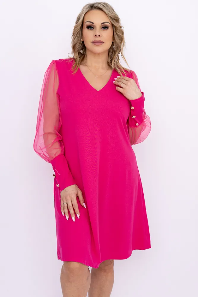 Włoski Fuksjowa Sukienka z prześwitującymi rękawami KAMENY