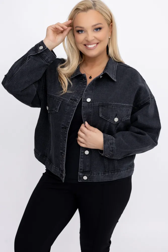 Damskie Włoski Grafitowa Kurtka jeansowa z dżetami ARGENTA