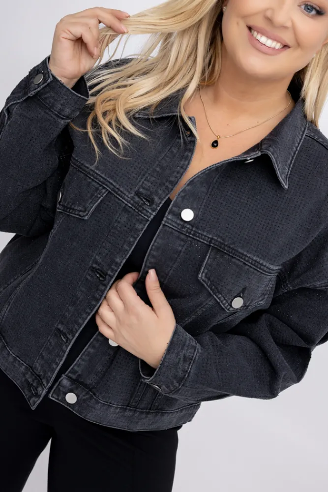 Damskie Włoski Grafitowa Kurtka jeansowa z dżetami ARGENTA