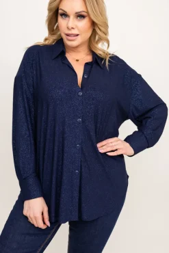 Damskie Polski Granatowa Koszula brokatowa oversize DESINO