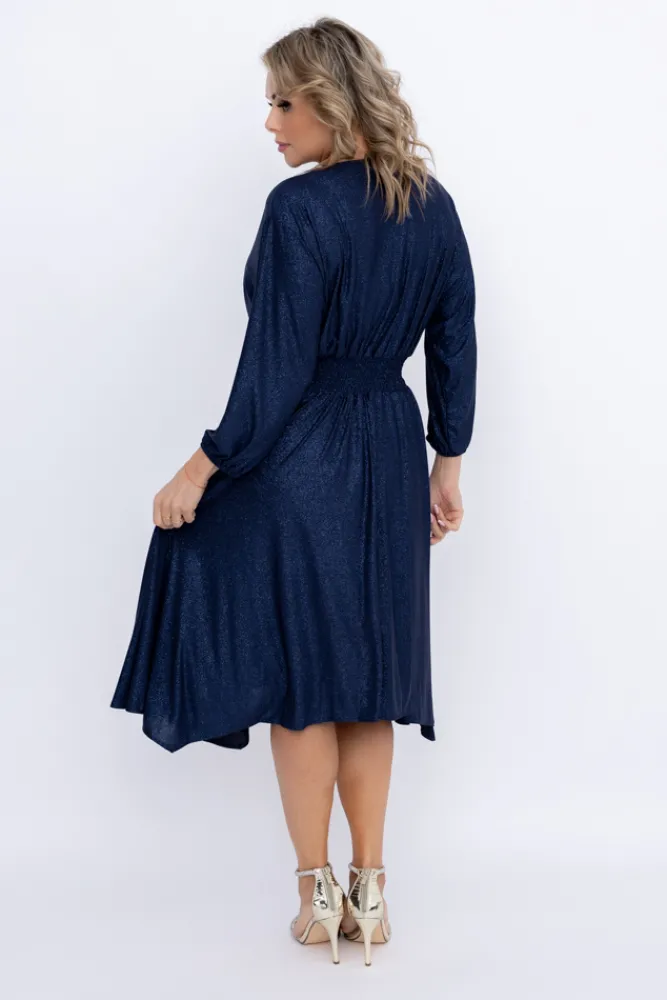 Polski Granatowa Sukienka brokatowa z marszczeniem BAGOZIA