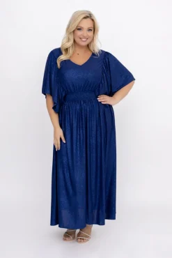 Polski Granatowa Sukienka brokatowa z marszczeniem SILVINO