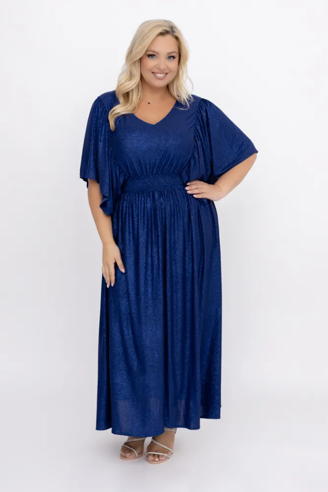 Polski Granatowa Sukienka brokatowa z marszczeniem SILVINO